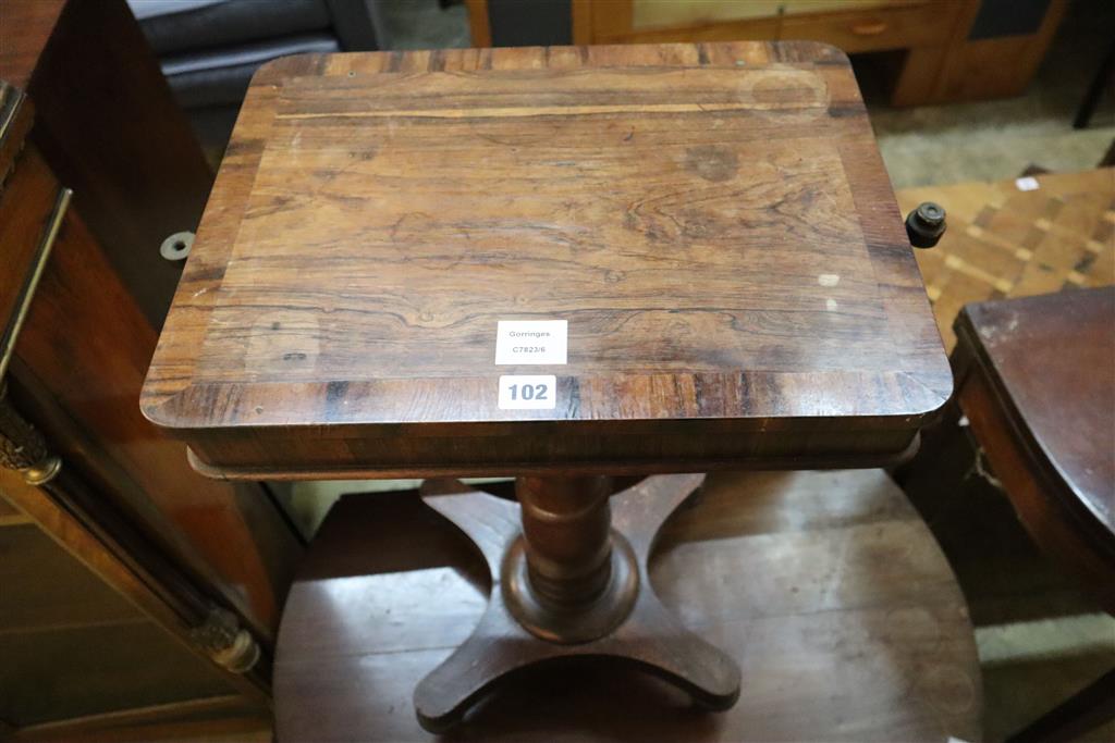 A Victorian rosewood and mahogany work table, width 54cm including sconces, depth 55cm, height 76cm